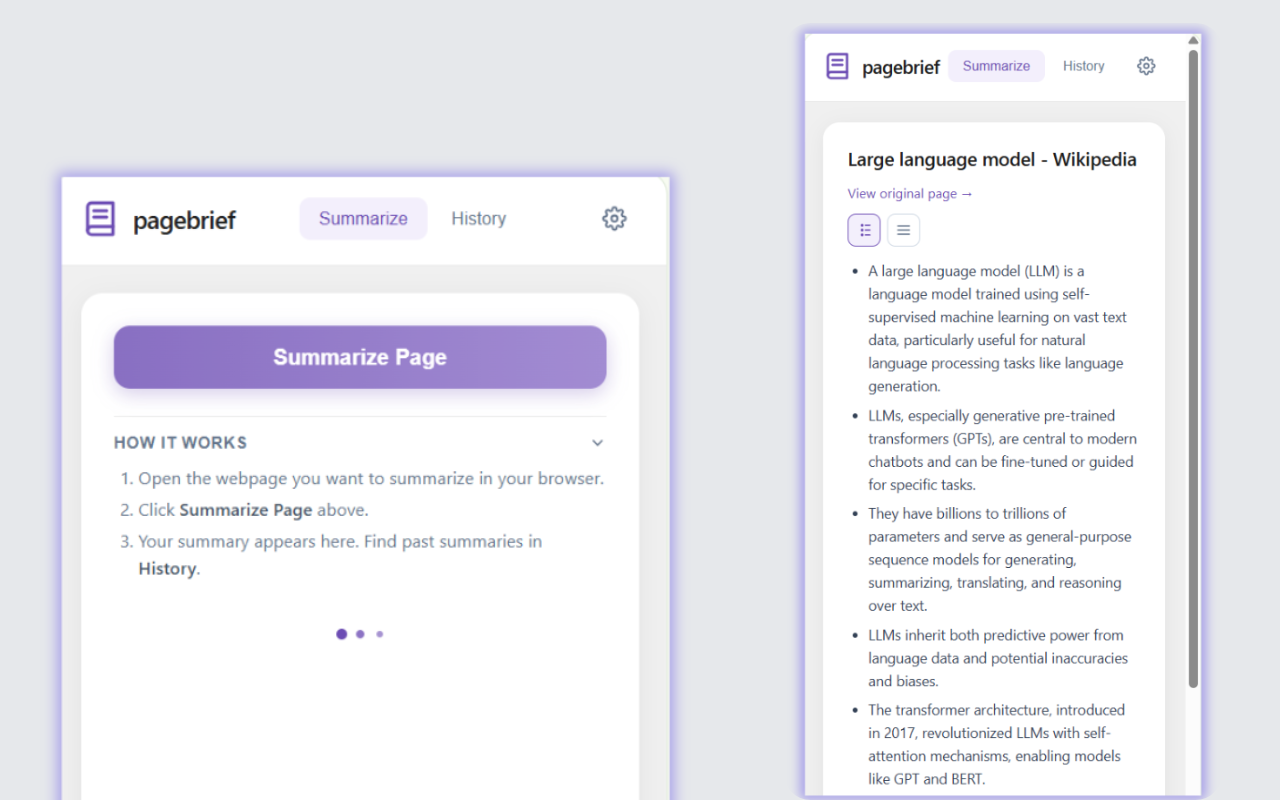 pagebrief popup interface showing a webpage summary with key takeaways